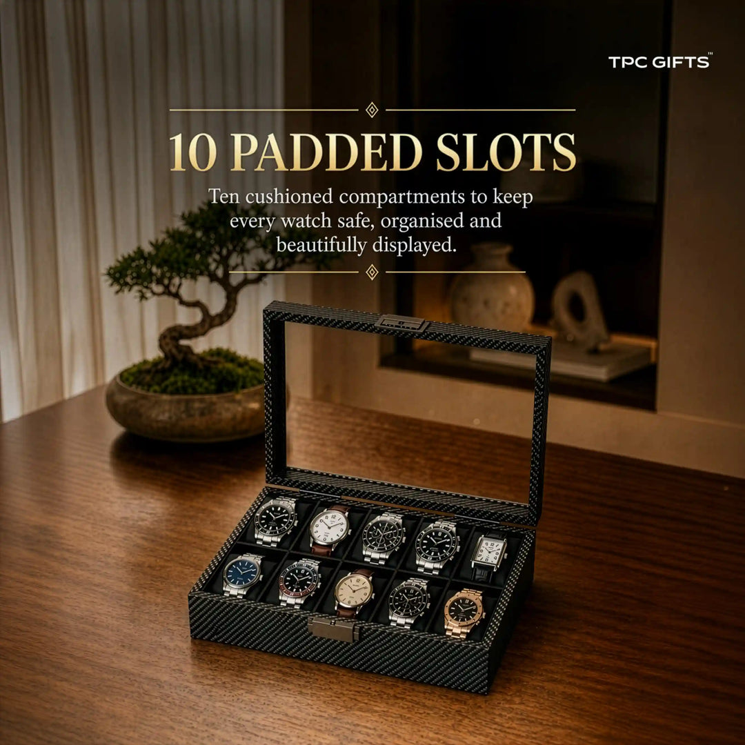 Atlas 10-Slot Carbon Fibre Pattern Watch Organiser with Glass Lid