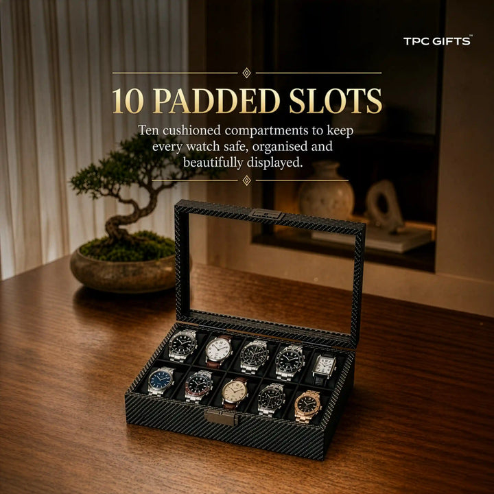 Atlas 10-Slot Carbon Fibre Pattern Watch Organiser with Glass Lid