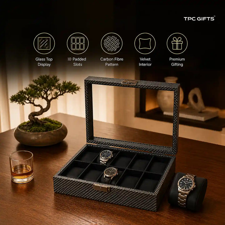 Atlas 10-Slot Carbon Fibre Pattern Watch Organiser with Glass Lid