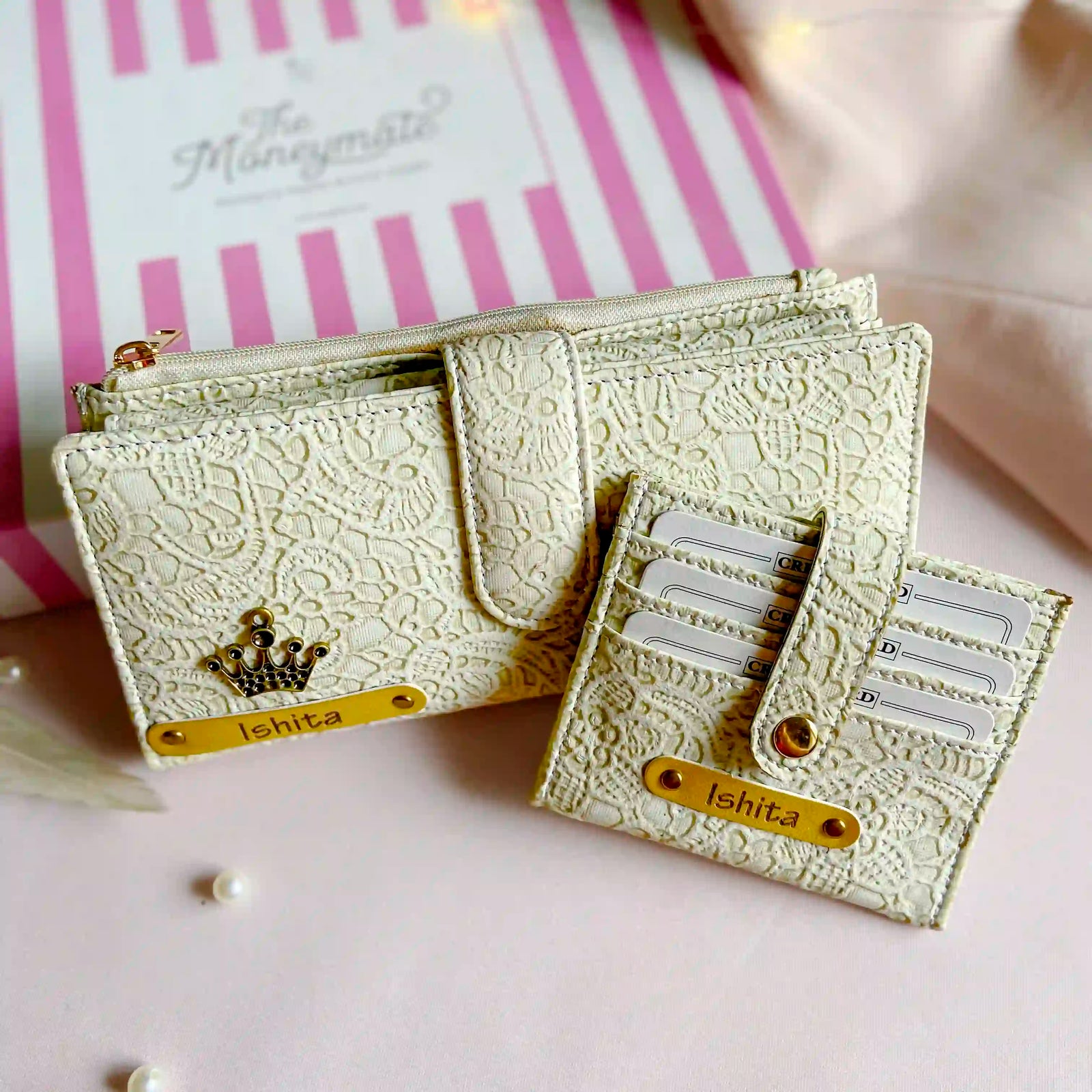 Personalised Lace-patterned wallet with card holder on a pink surface - TPC Gifts
