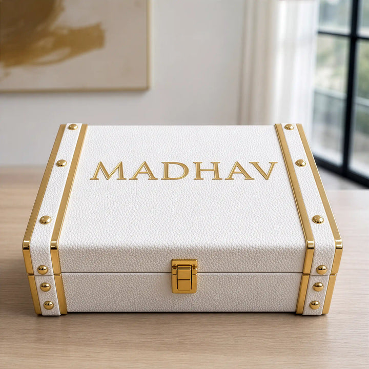 Personalised Pebbled Vegan Leather Trunk Box — White