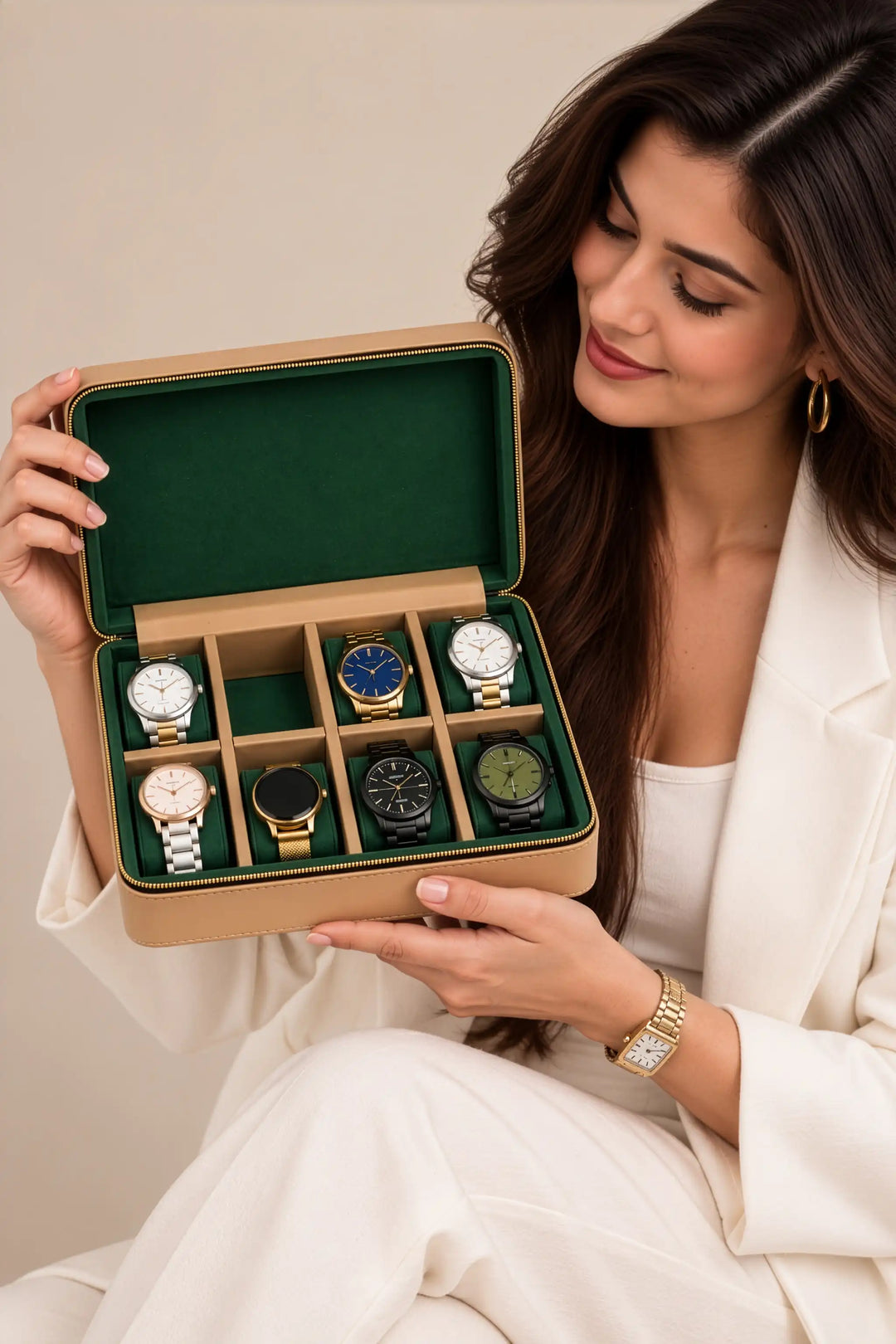 The Letter Watch Organiser – Personalised 8-Slot Watch Box with Gold Letters, Vegan Leather &amp; Suede