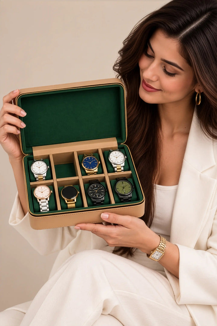The Letter Watch Organiser – Personalised 8-Slot Watch Box with Gold Letters, Vegan Leather &amp; Suede