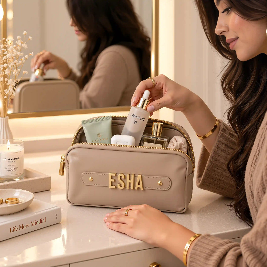 The Letter Pouch – Personalised Vanity &amp; Makeup Pouch with Gold Metal Letters, Vegan Leather