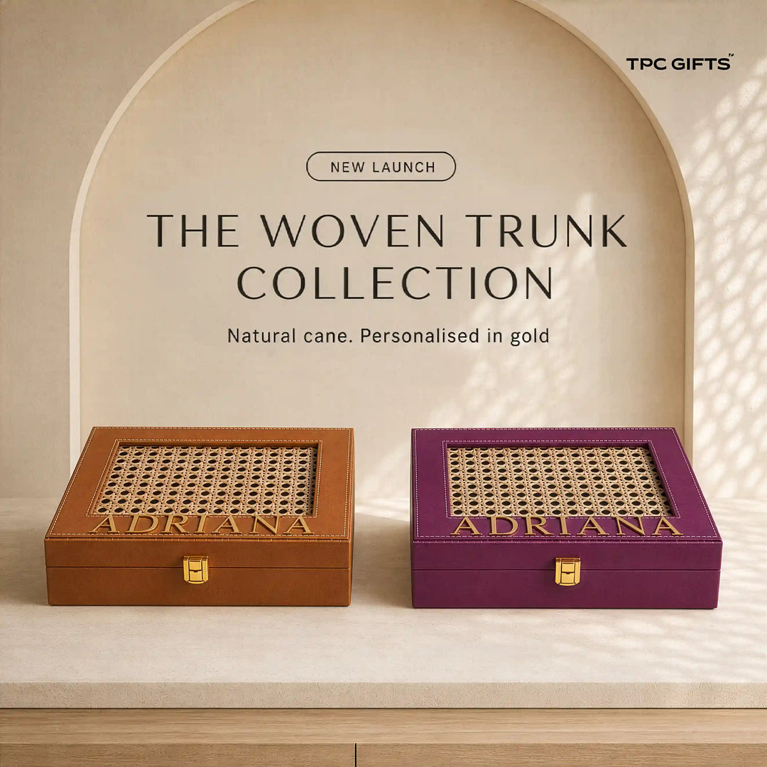 Personalised Cane Trunk Box | Natural Cane Lid, Name in Gold, 10 x 7 x 3 in