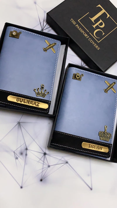 Personalised Couple Black And  Blue Dual  Passport Cover