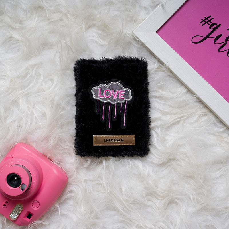 TPC Gifts | Black Fur Passport Cover with Pink Love Patch 2