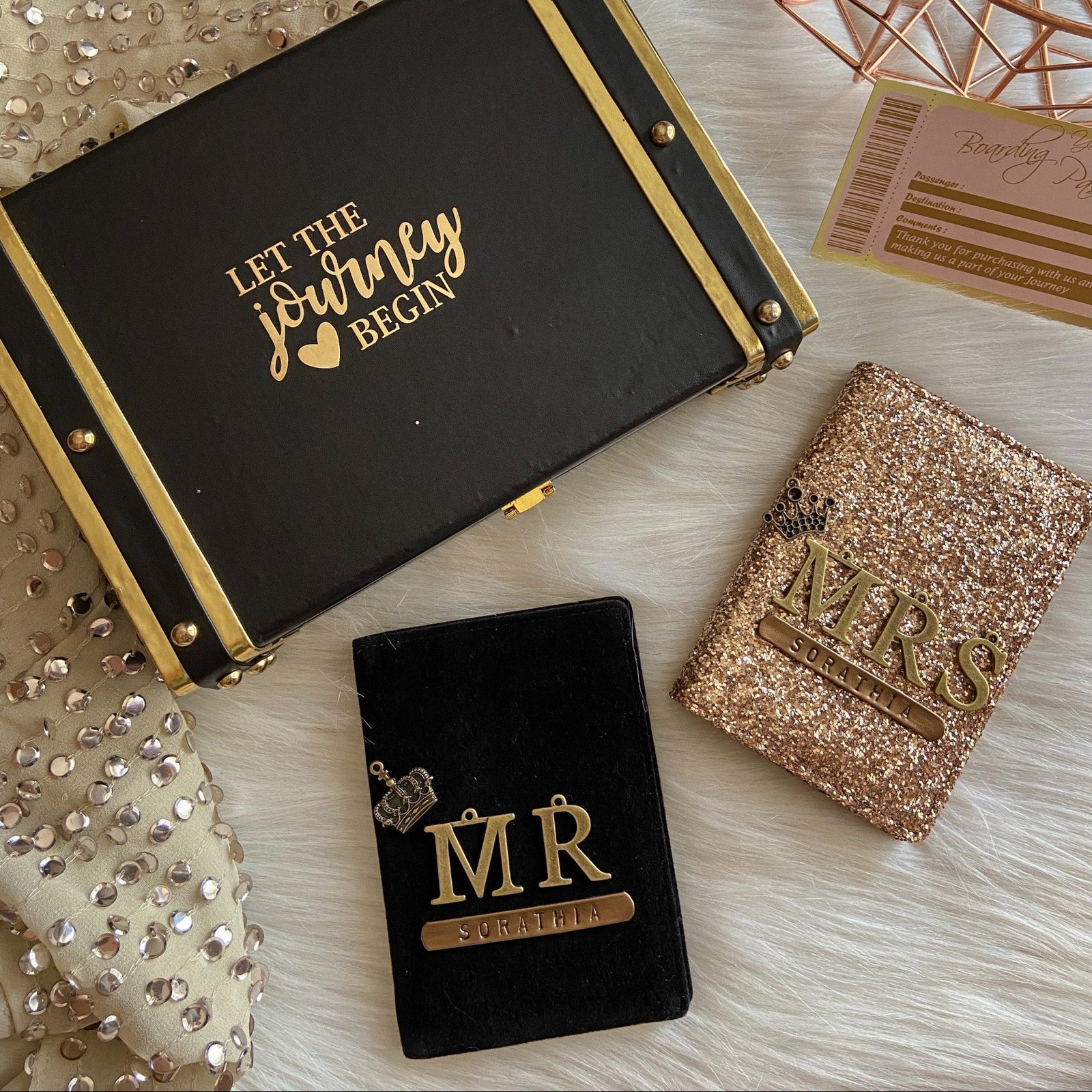 Personalised Bronze Glitter & Black Velvet Dual Couple Passport Cover