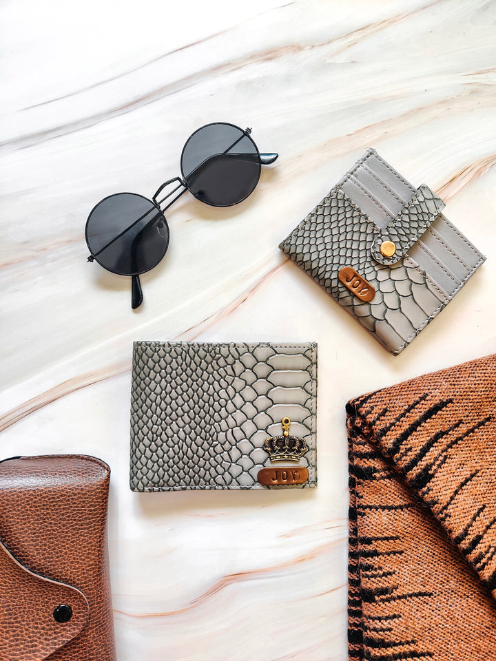 Personalized Men’s Textured Wallet &amp; Card Holder with Free Charm Coral Grey