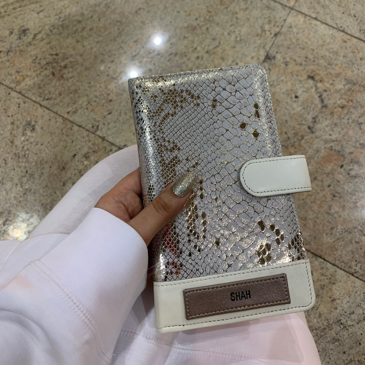 Golden Print Personalised Leather Travel Wallet in the airport