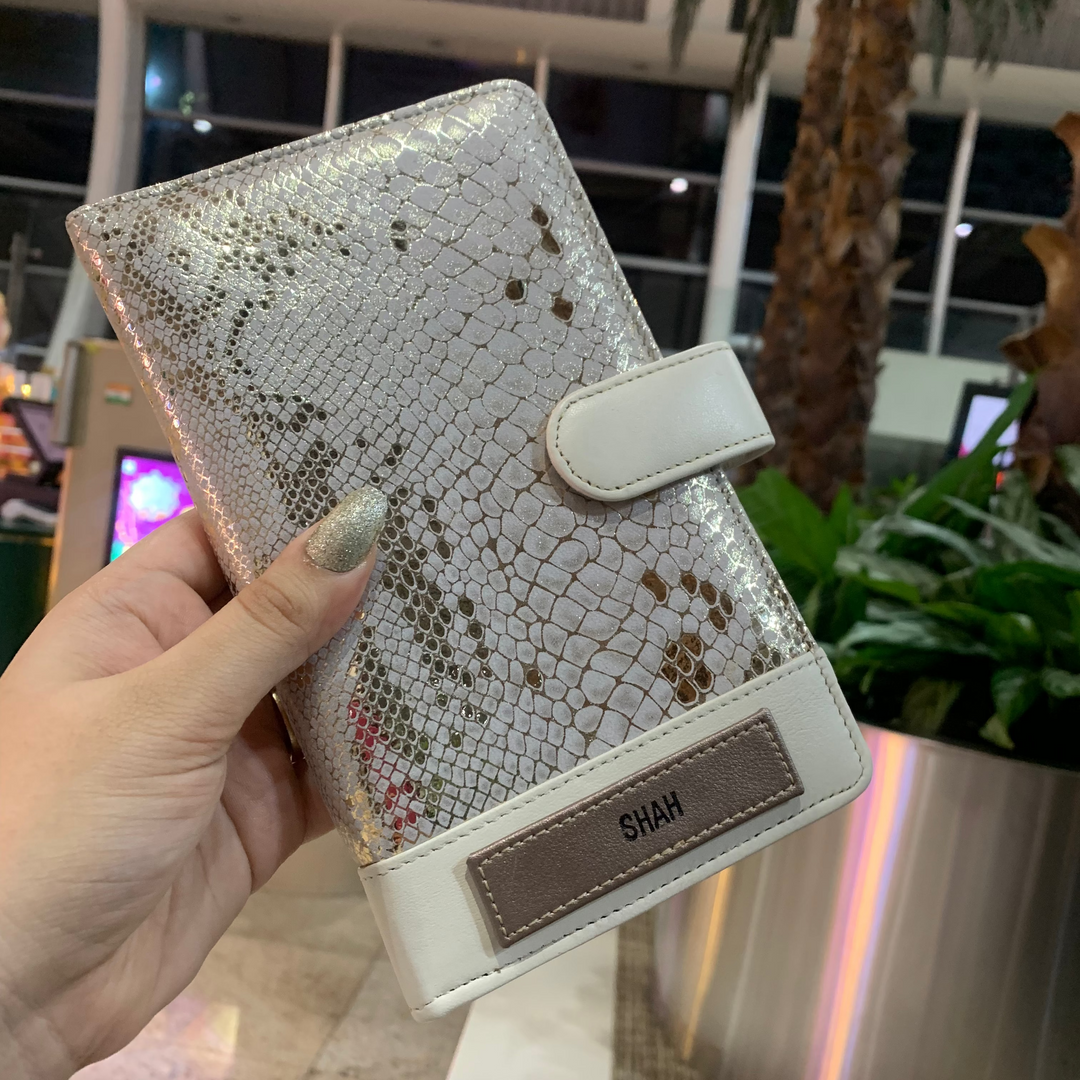 Golden Print Personalised Leather Travel Wallet in Hand 