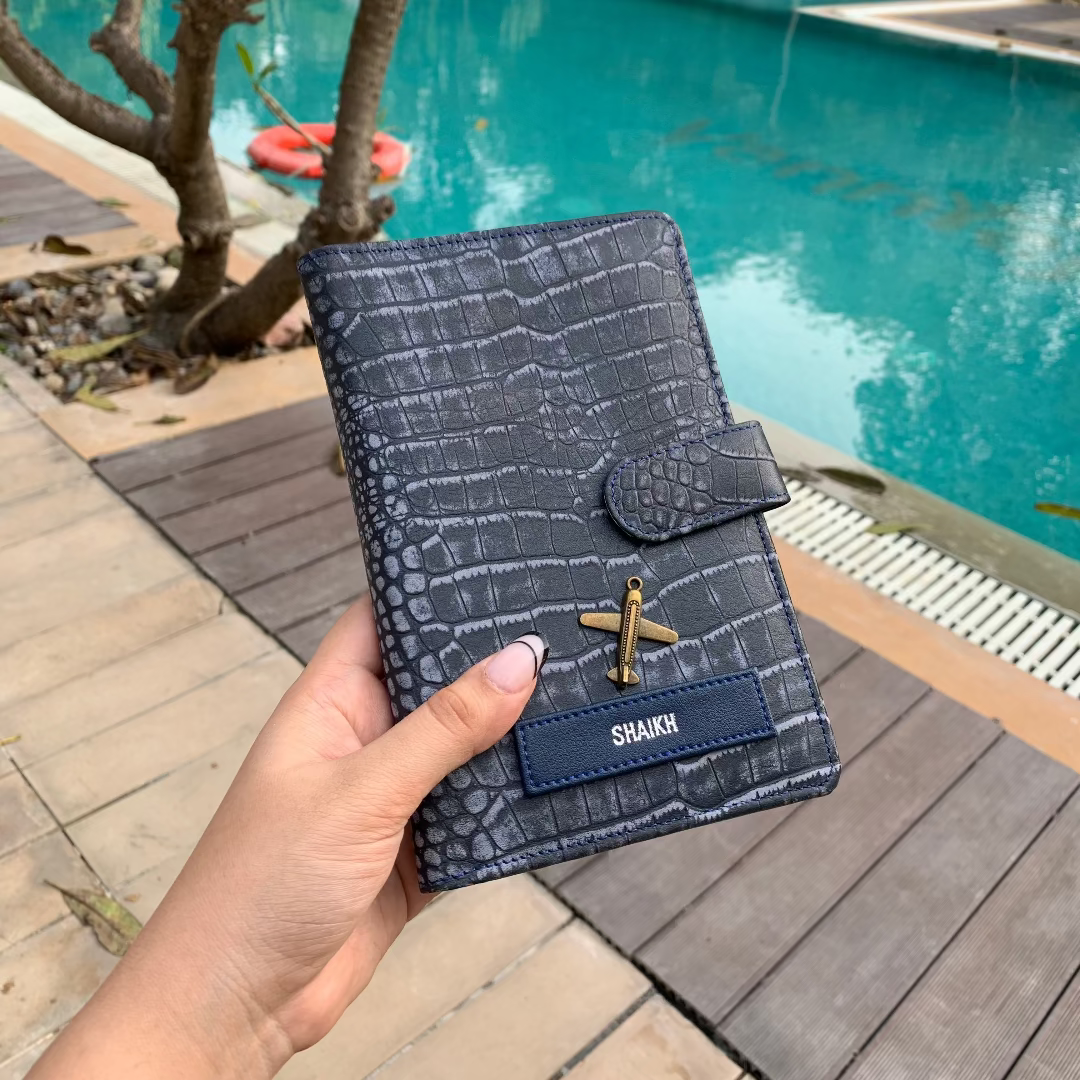 Blue Vintage Croco Genuine Leather Travel Wallet