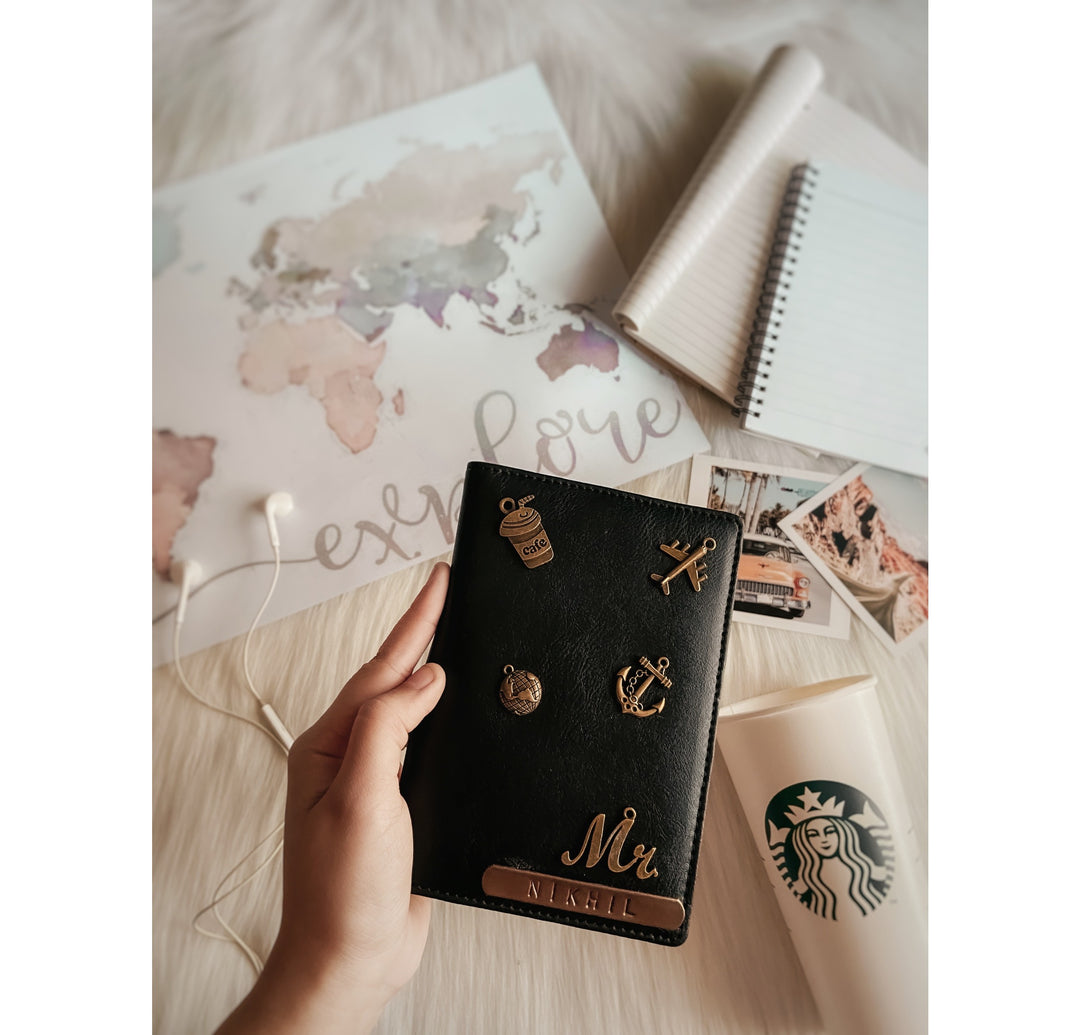 Personalised Passport Cover -  Black with 5 charms and name