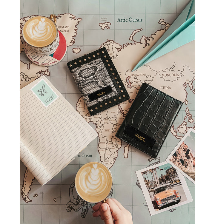 Personalised Animal Print With Stud Work &amp; Croc Black Couple Passport Cover