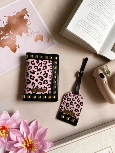 Cheetah Pink With Studs Passport Cover & Luggage Tag