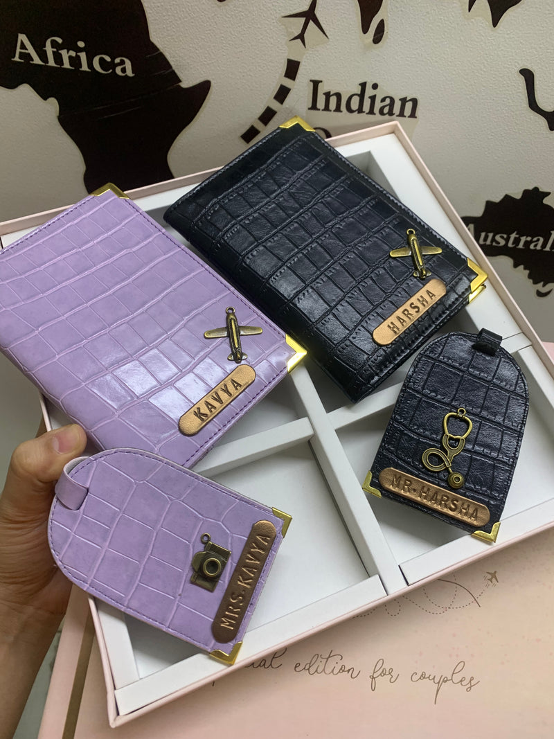 Croco Purple and Black Couple Passport Cover & Luggage Tag