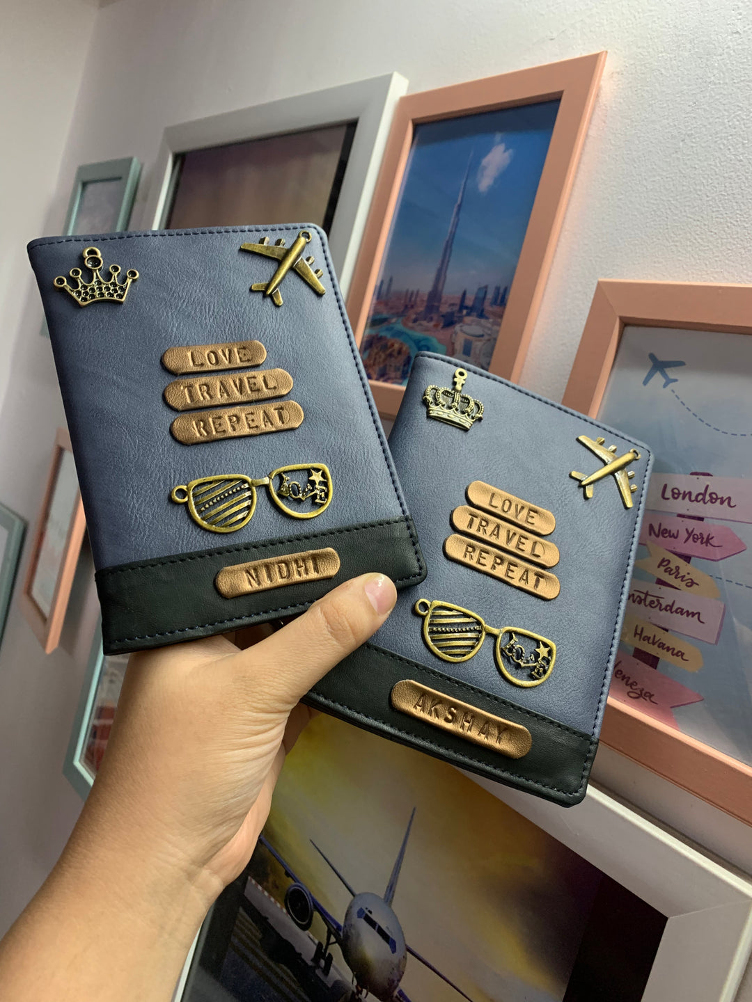 Personalised Couple Blue &amp; Black Dual Tone Passport Cover