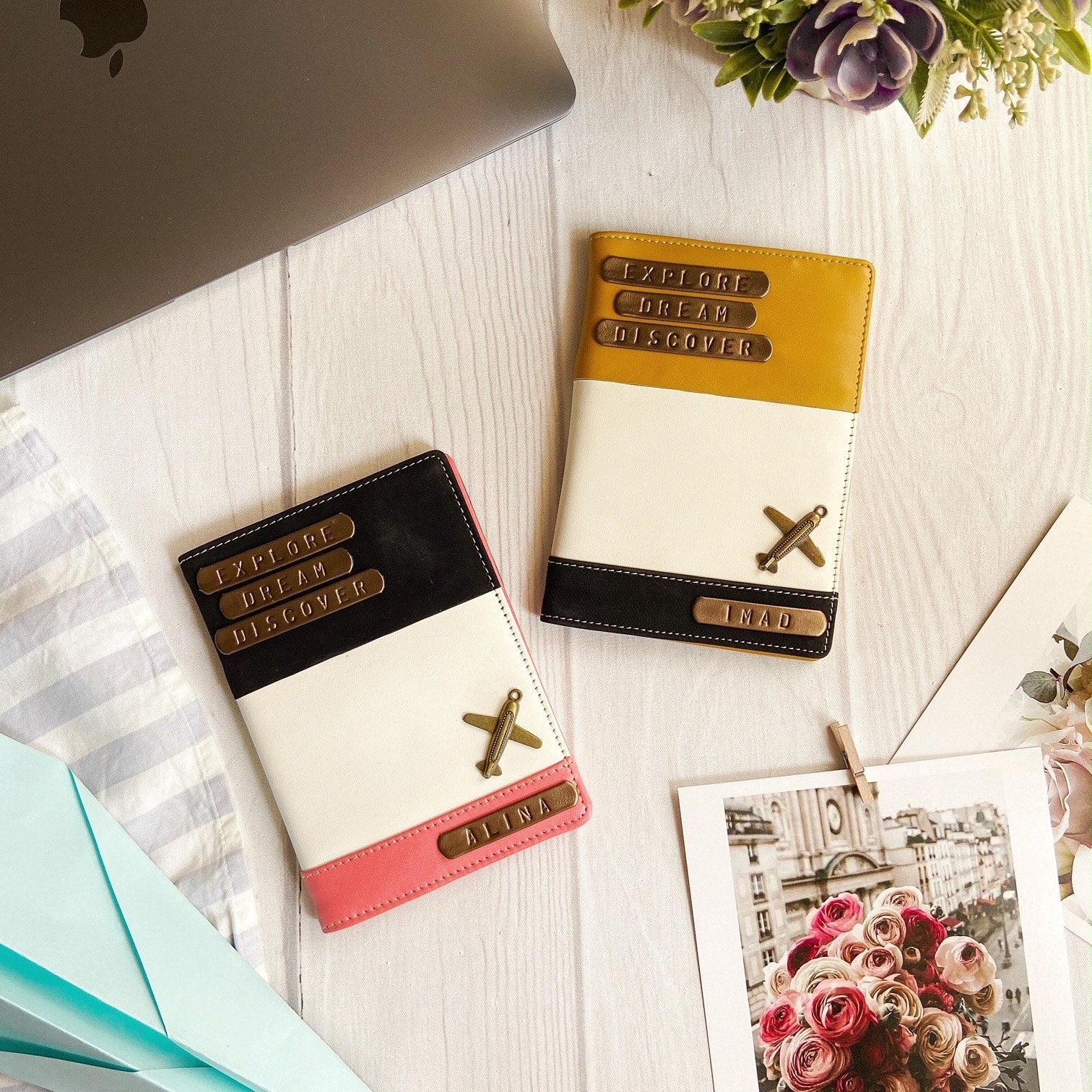 Personalised Three Tone Peach & Mustard Couple Passport Cover