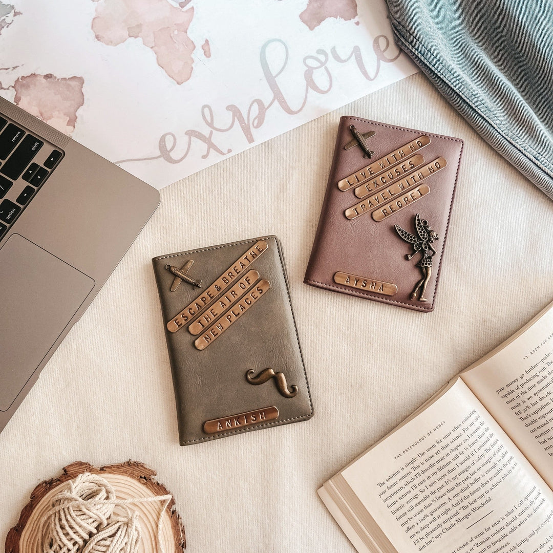 Personalised Couple Passport Cover - Grey and Grape in colour with numerous charms and names
