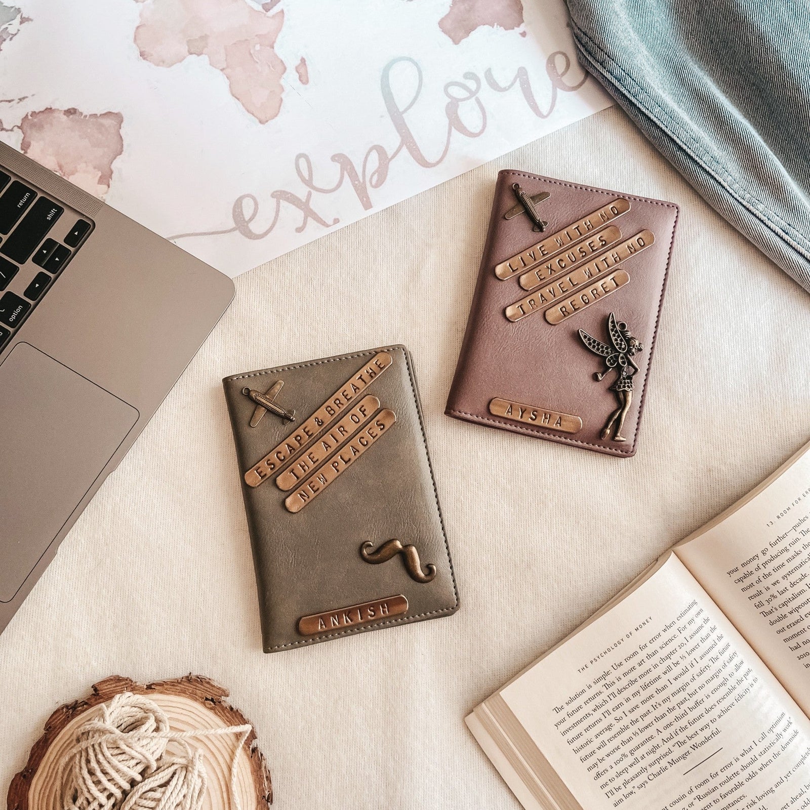 Personalised Couple Passport Cover - Grey and Grape in colour with numerous charms and names
