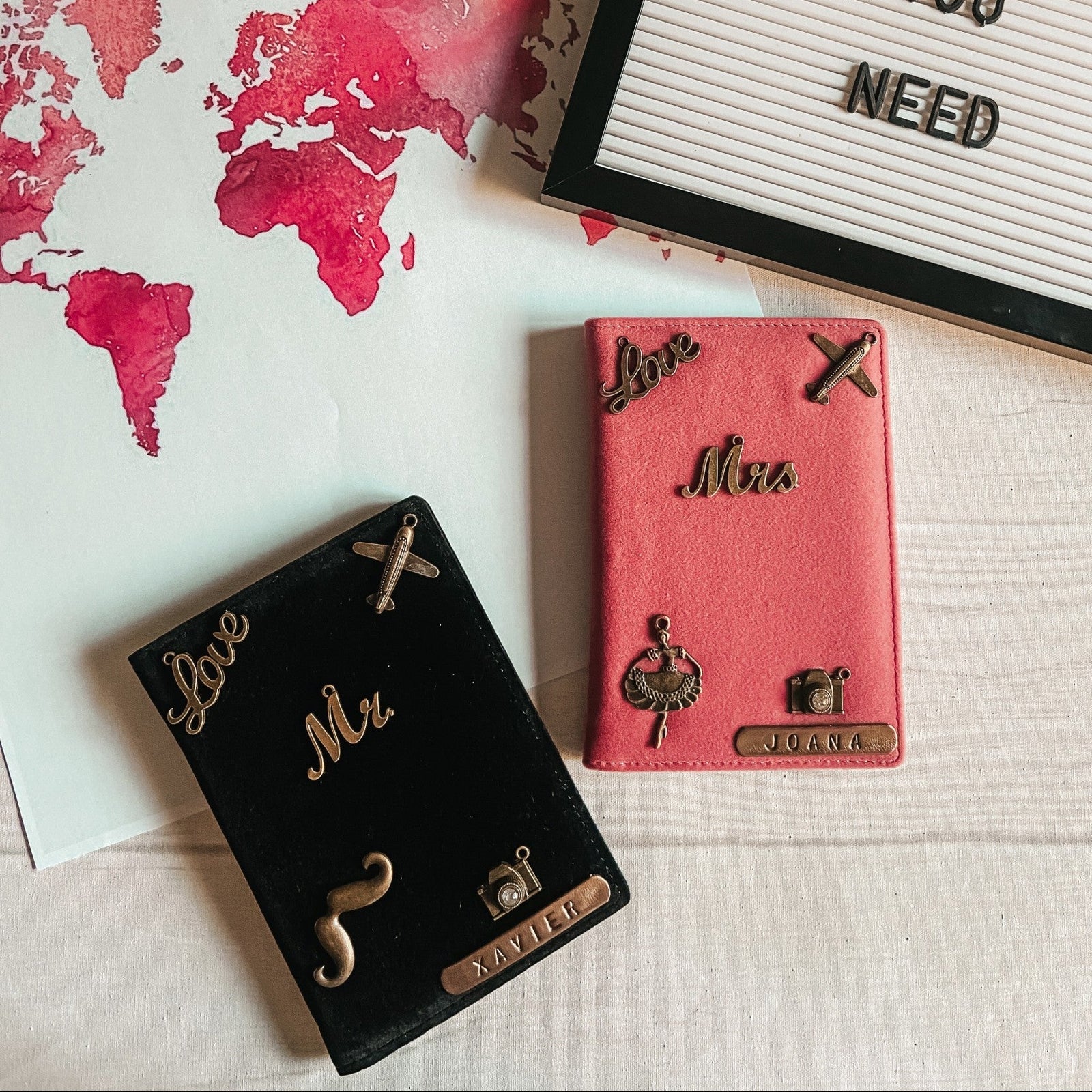 Personalised  Velvet Red & Black Couple Passport Cover