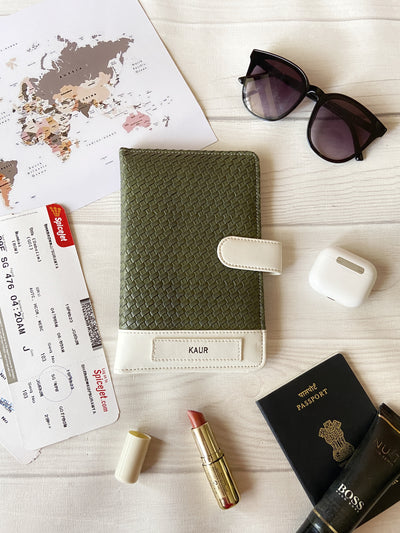 Moss Green Weave Texture Personalised Travel Wallet