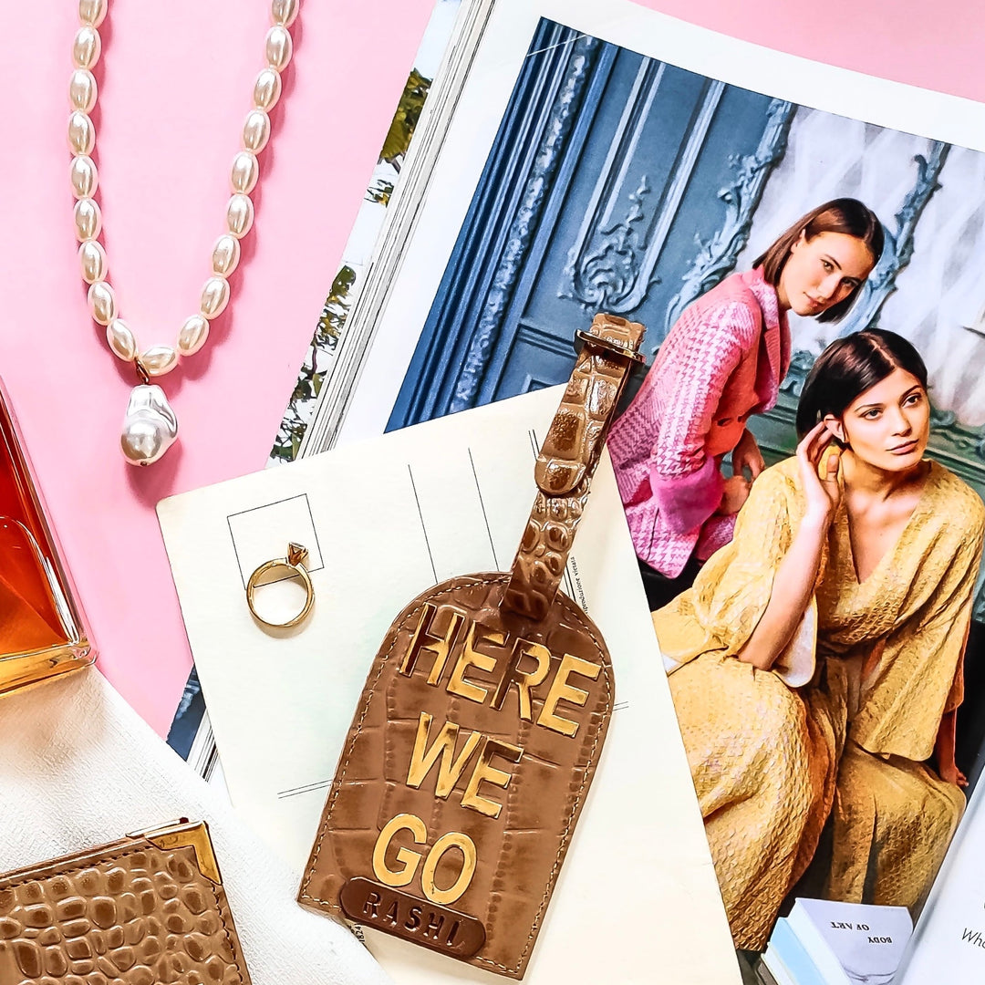 Light brown leather luggage tag by TPC gifts 