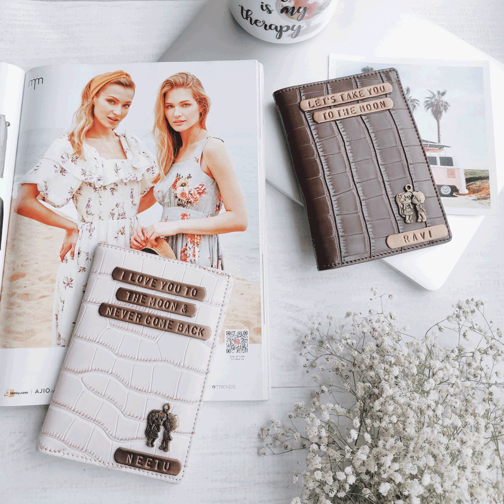 Personalised Cute Couple Cream &amp; Brown Croc texture Passport Cover