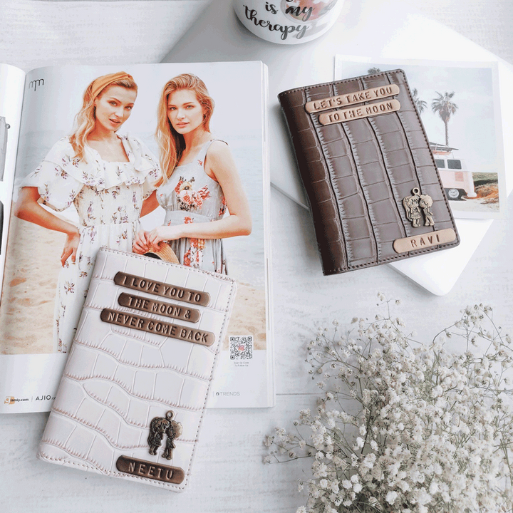 Personalised Cute Couple Cream &amp; Brown Croc texture Passport Cover