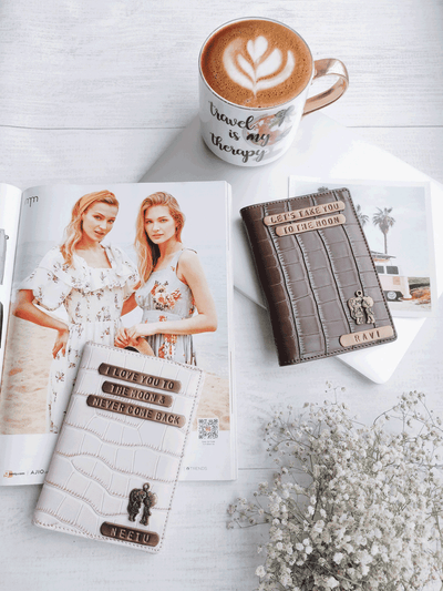 Personalised Cute Couple Cream & Brown Croc texture Passport Cover