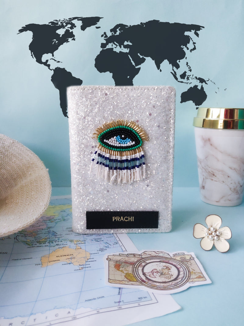 Pearl White Glitter With Evil Eye Patch Passport Cover