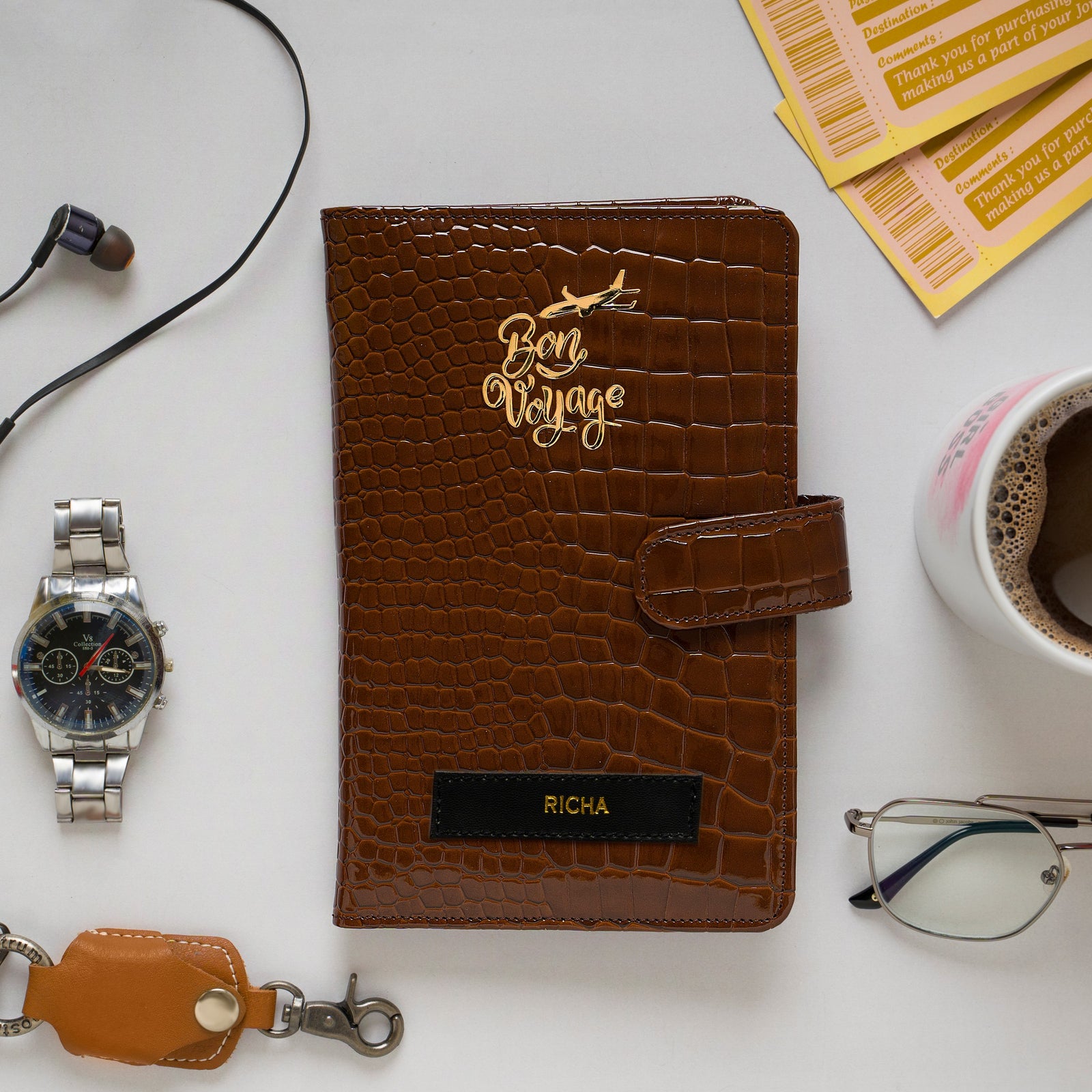 Personalized Dark Brown Croco Travel Organizer