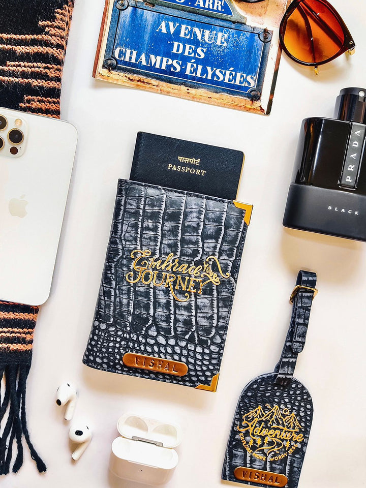 vintaged blue croco genuine leather passport cover and luggage tag set -TPC Gifts
