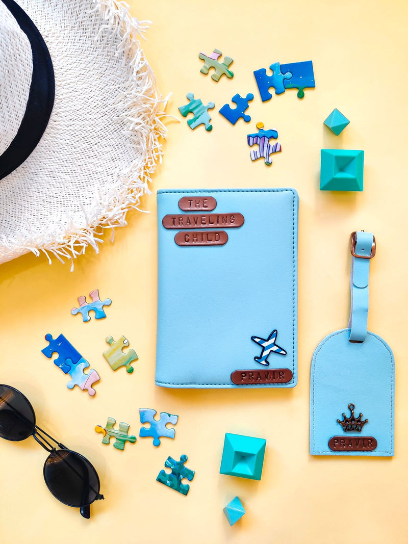 Pastel Blue Kids Passport Cover & Luggage Tag