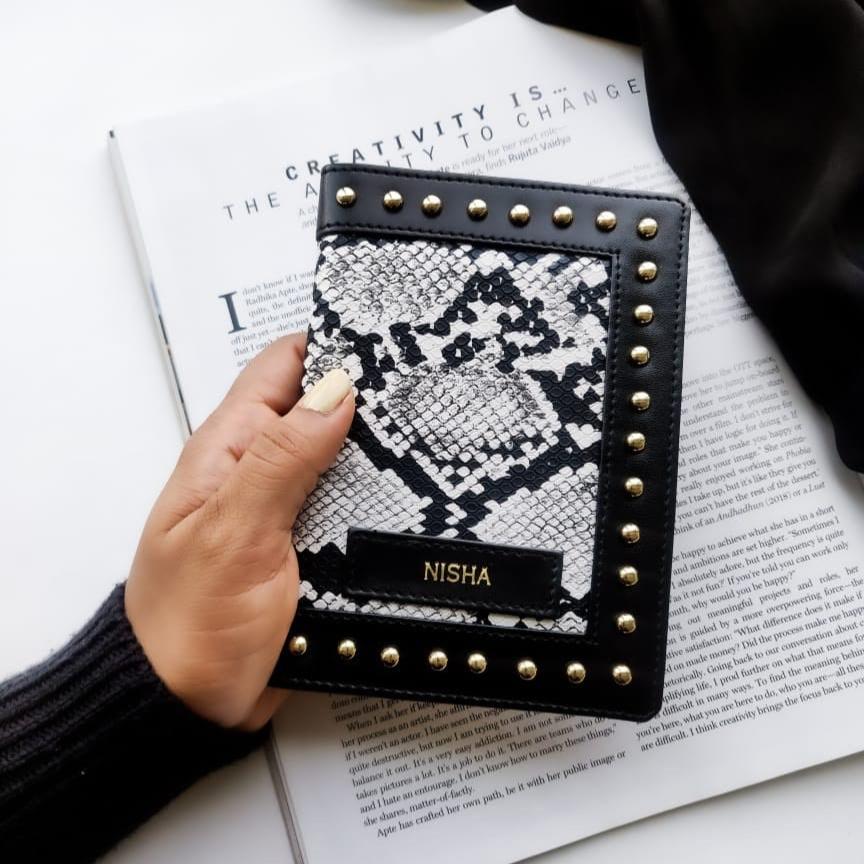 TPC Gifts | Animal Print Passport Cover – Black &amp; White with Stud Work