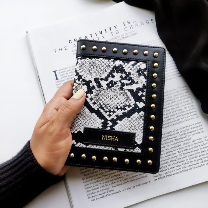 TPC Gifts | Animal Print Passport Cover – Black &amp; White with Stud Work