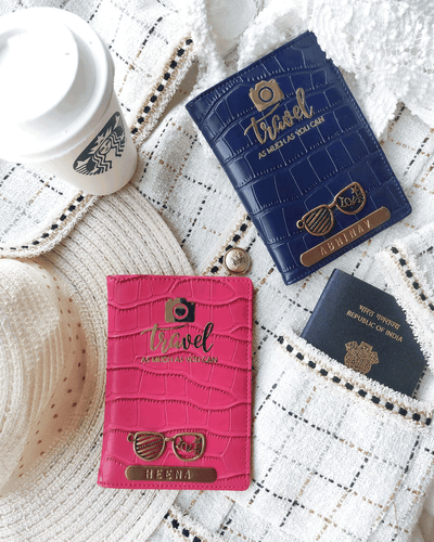 blue pink croco finish passport cover quote travel as much as you can