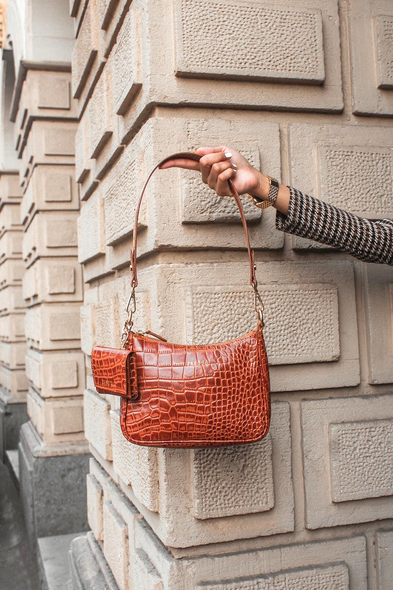 Tan  Croco Aura Shoulder Bag
