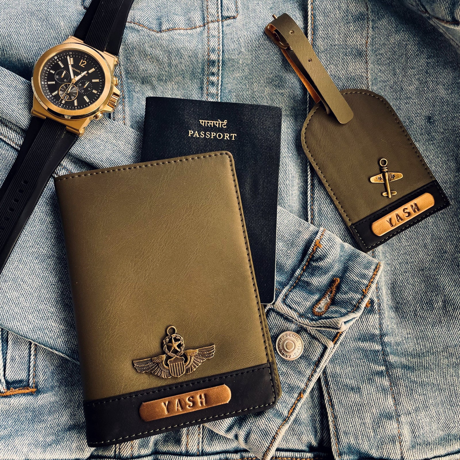 Dual Tone Passport Cover & Luggage Set - Olive & Black