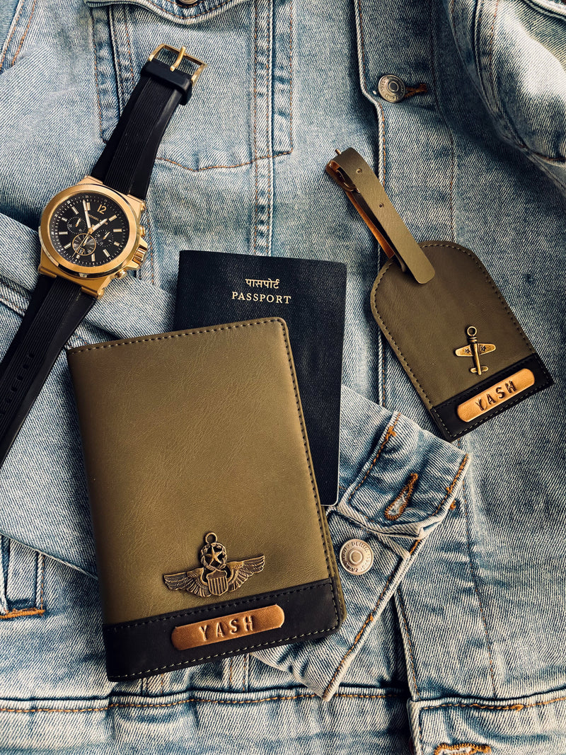 Dual Tone Passport Cover & Luggage Set - Olive & Black