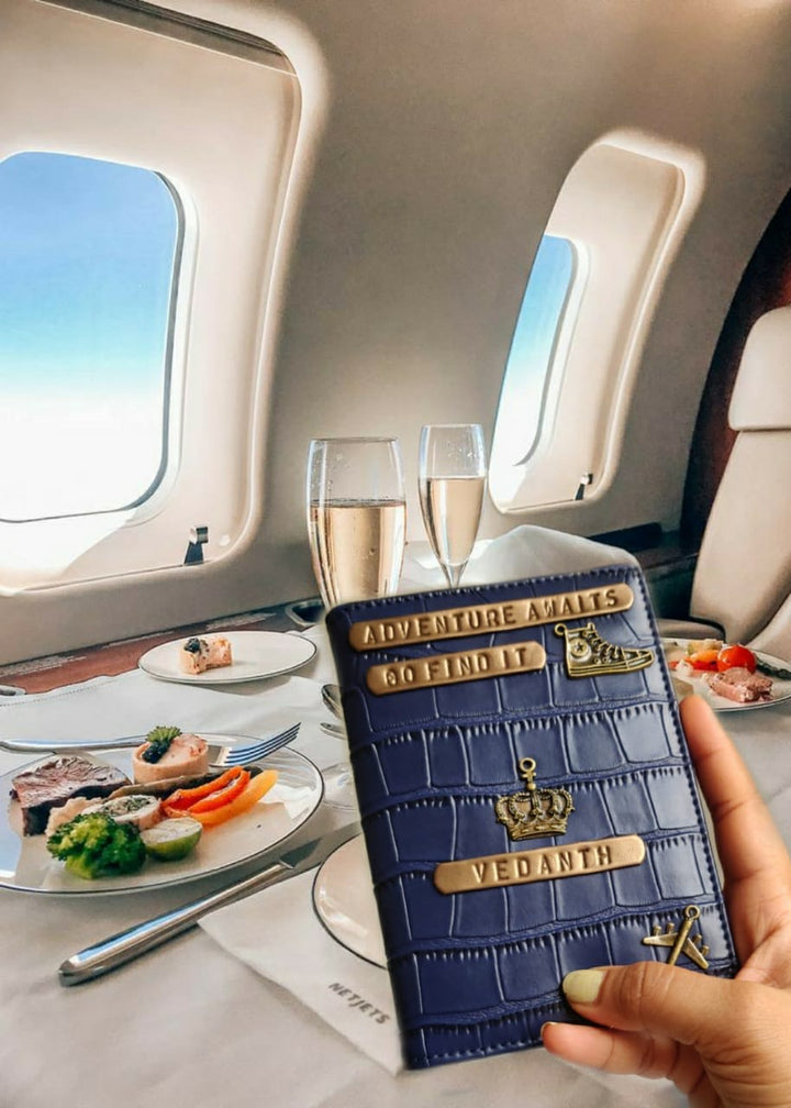 Personalised ink blue croco finish passport cover quote adventure awaits go-find-it