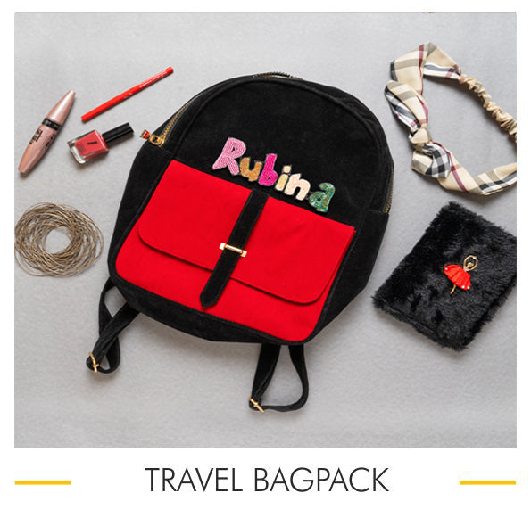 Personalised Red & Black Velvet Travel Bag Pack